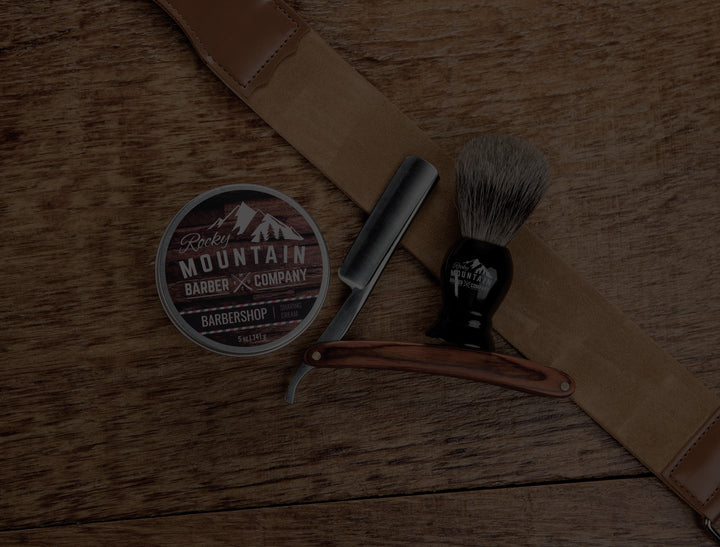 Men's Shaving Products Collection with shaving cream, shaving brush and straight shaving razor