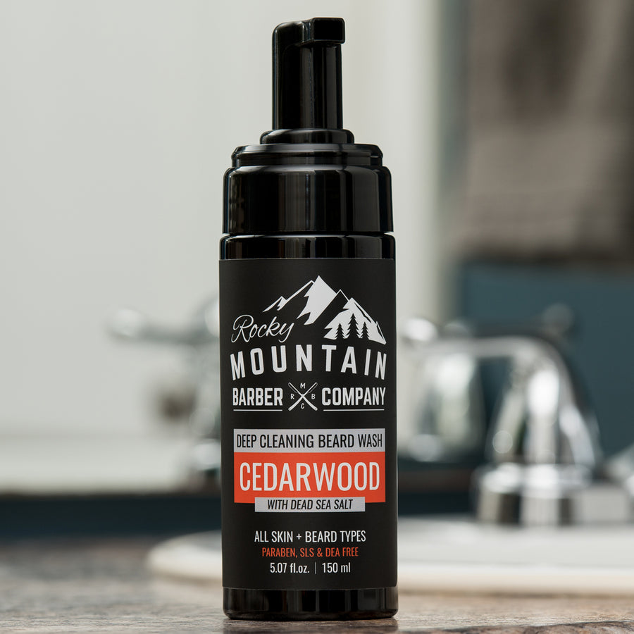 Cedarwood Beard Wash on Bathroom Counter