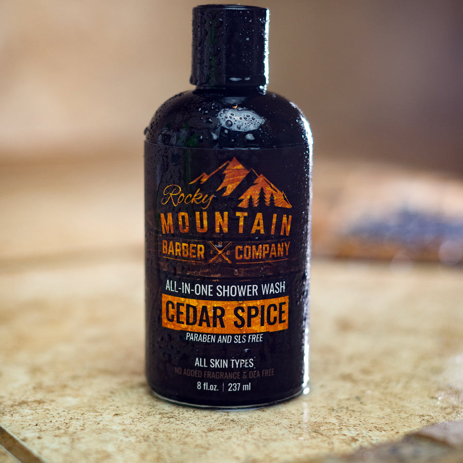 Rocky Mountain Barber Company Cedar Spice Shower Wash on Bathroom Shower Tile